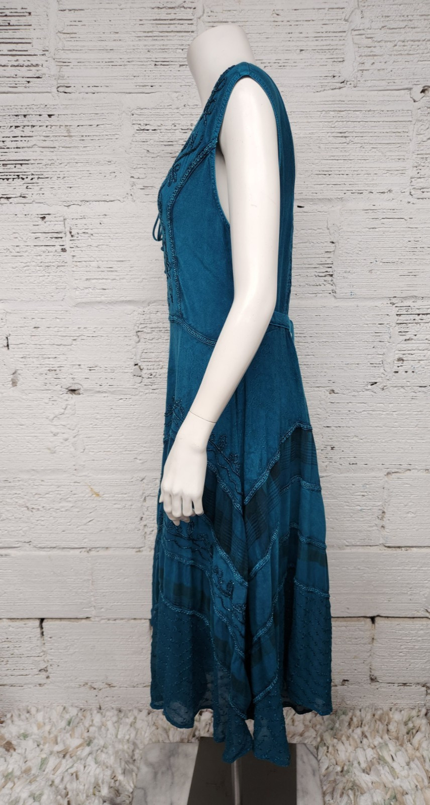 Sakkas Sundara Size S/M Embroidered Stone-wash Fairy Turquoise Summer Dress