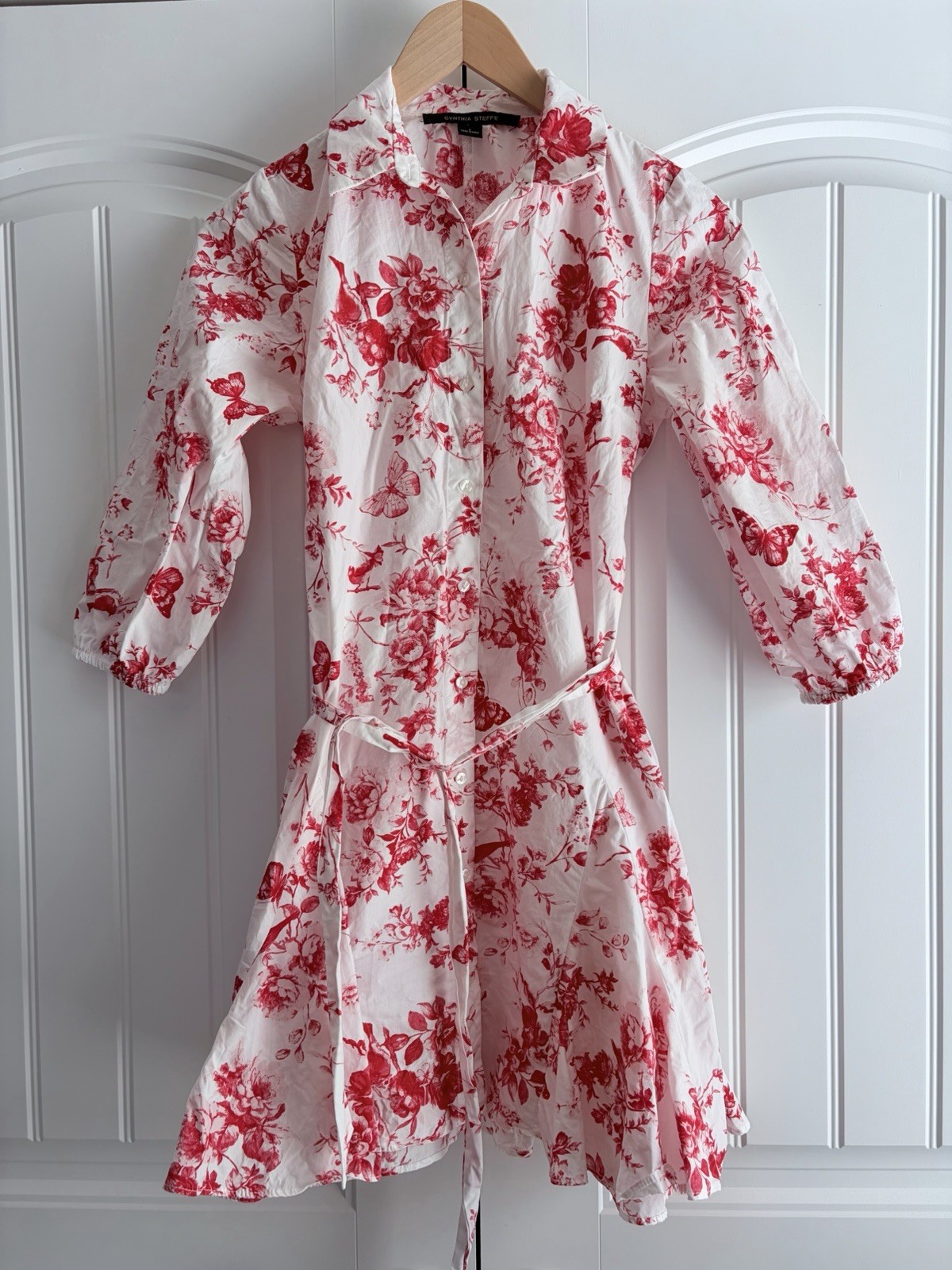 Cynthia Steffe White Red Floral Toile Belted Shirt Dress 3/4 Sleeve Size S