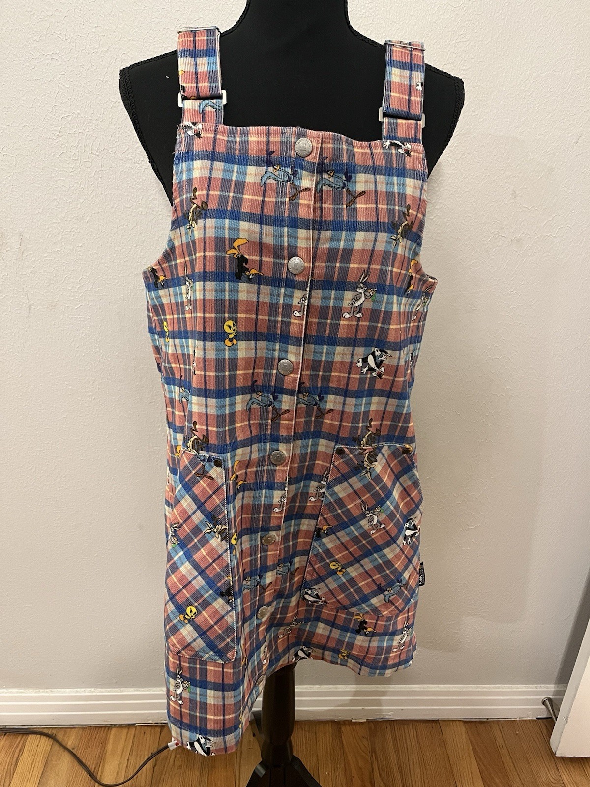 Teddy Fresh x Looney Tunes Plaid Overall Corduroy Dress Size M EUC