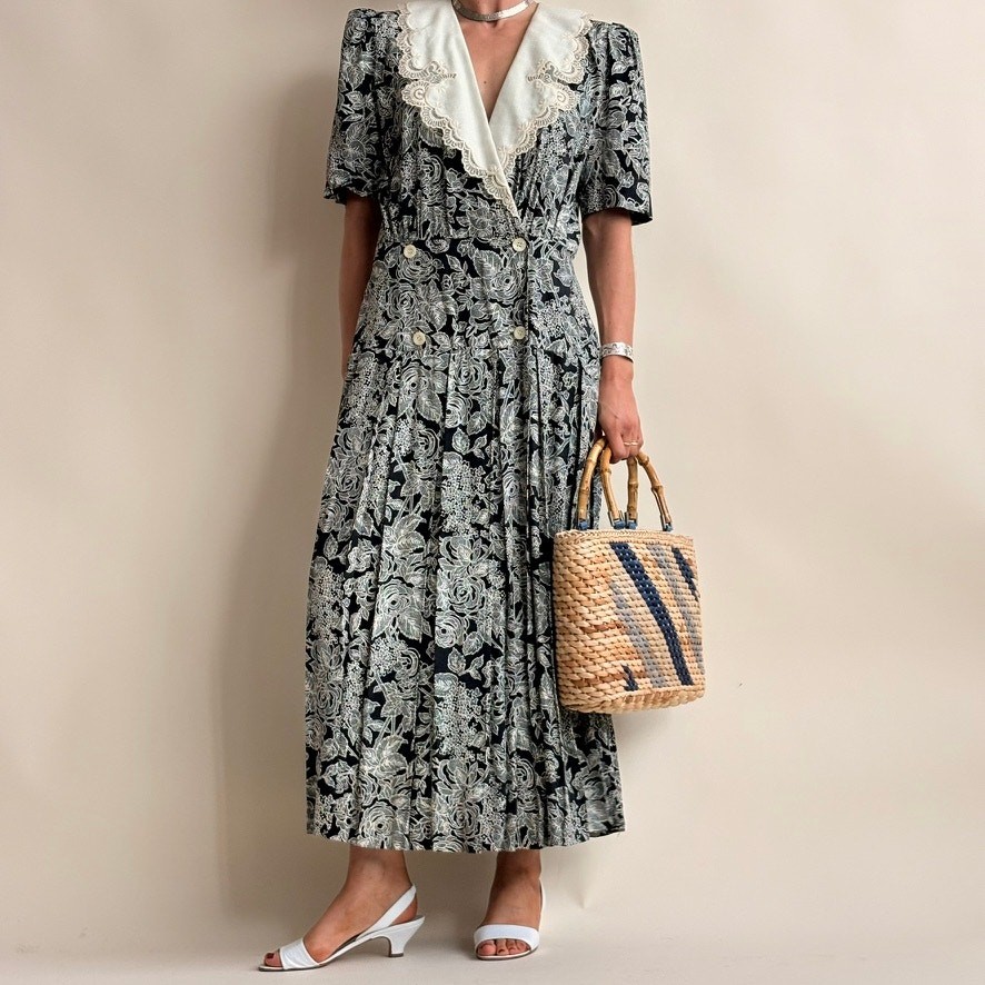 Vintage Jane Singer Navy Floral Maxi Dress – Size 8