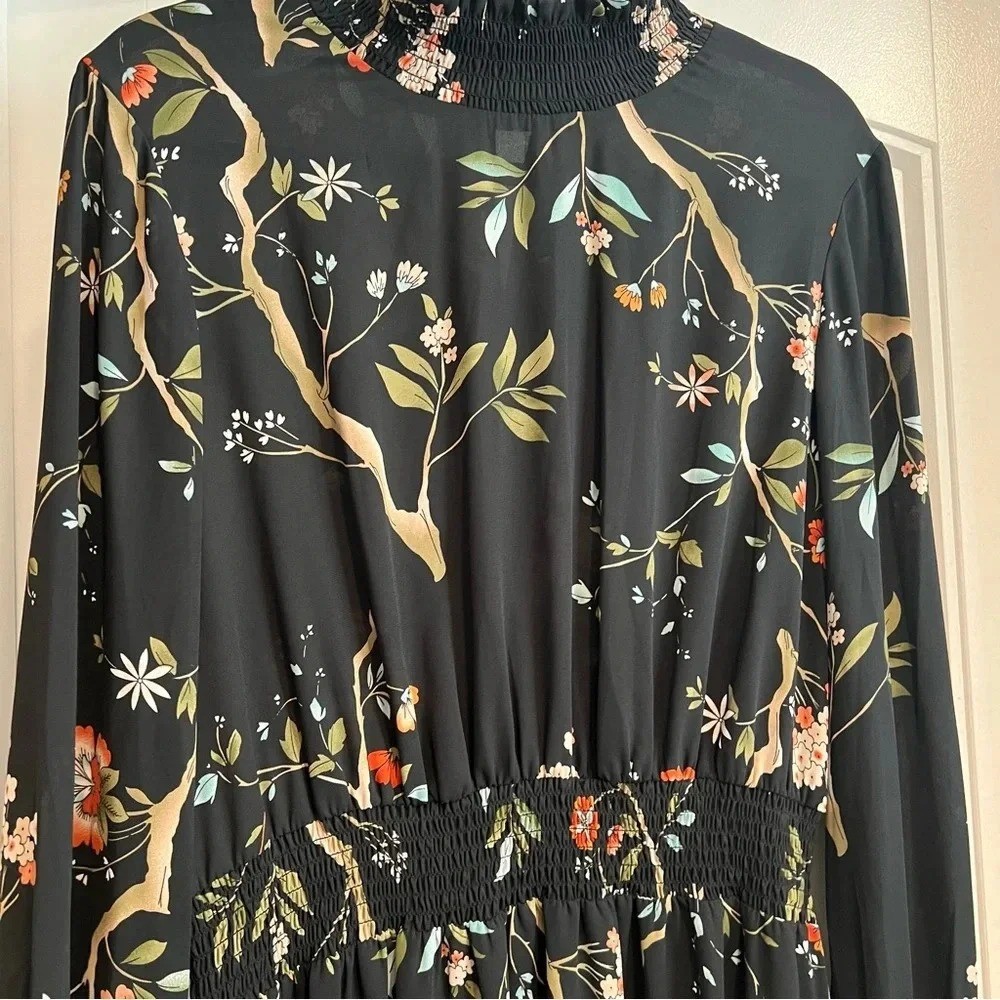 Nanette Lepore Floral Smocked High/Low Dress in Very Black Multi. Size 14. NWT.