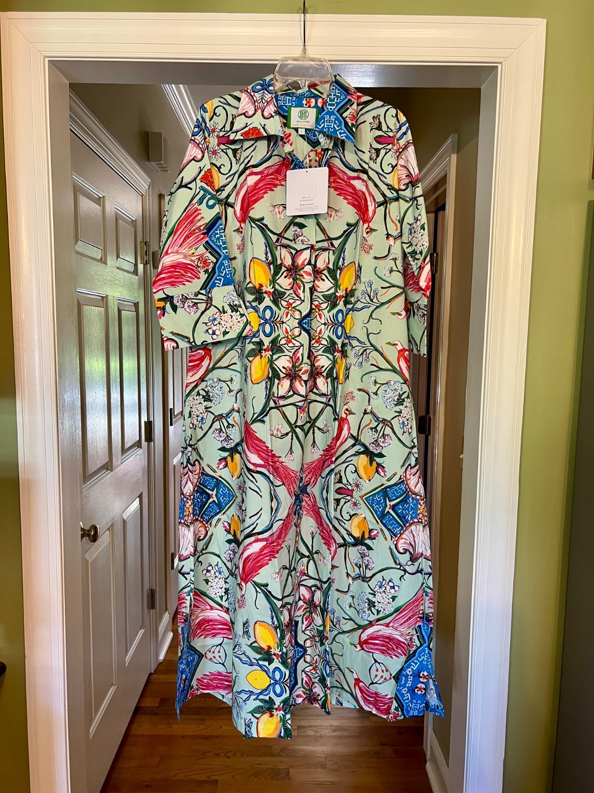 NWT House of MBR Mint Chinois Floral Maxi Caftan Shirt Dress Size 1 or MEDIUM
