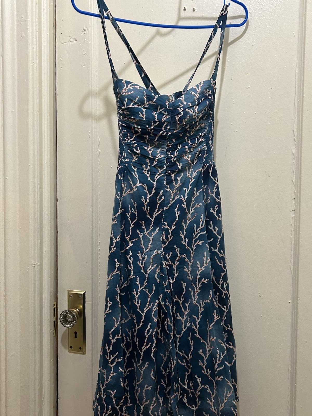 Anthropologie HD in Paris Dress XS Teal & Coral Lined Smocked Ruched Size 00