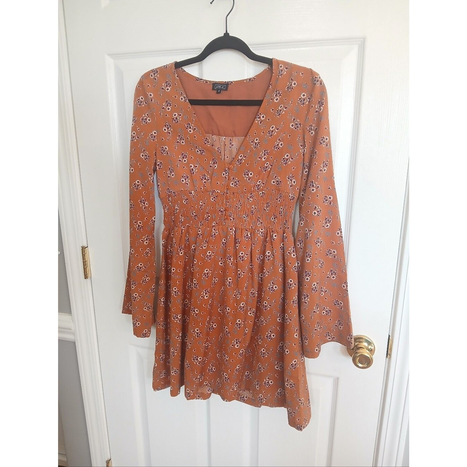 Lira Rust Ditzy Floral Long-Sleeve Smocked Waist Mini Dress Cottage Boho Fairy
