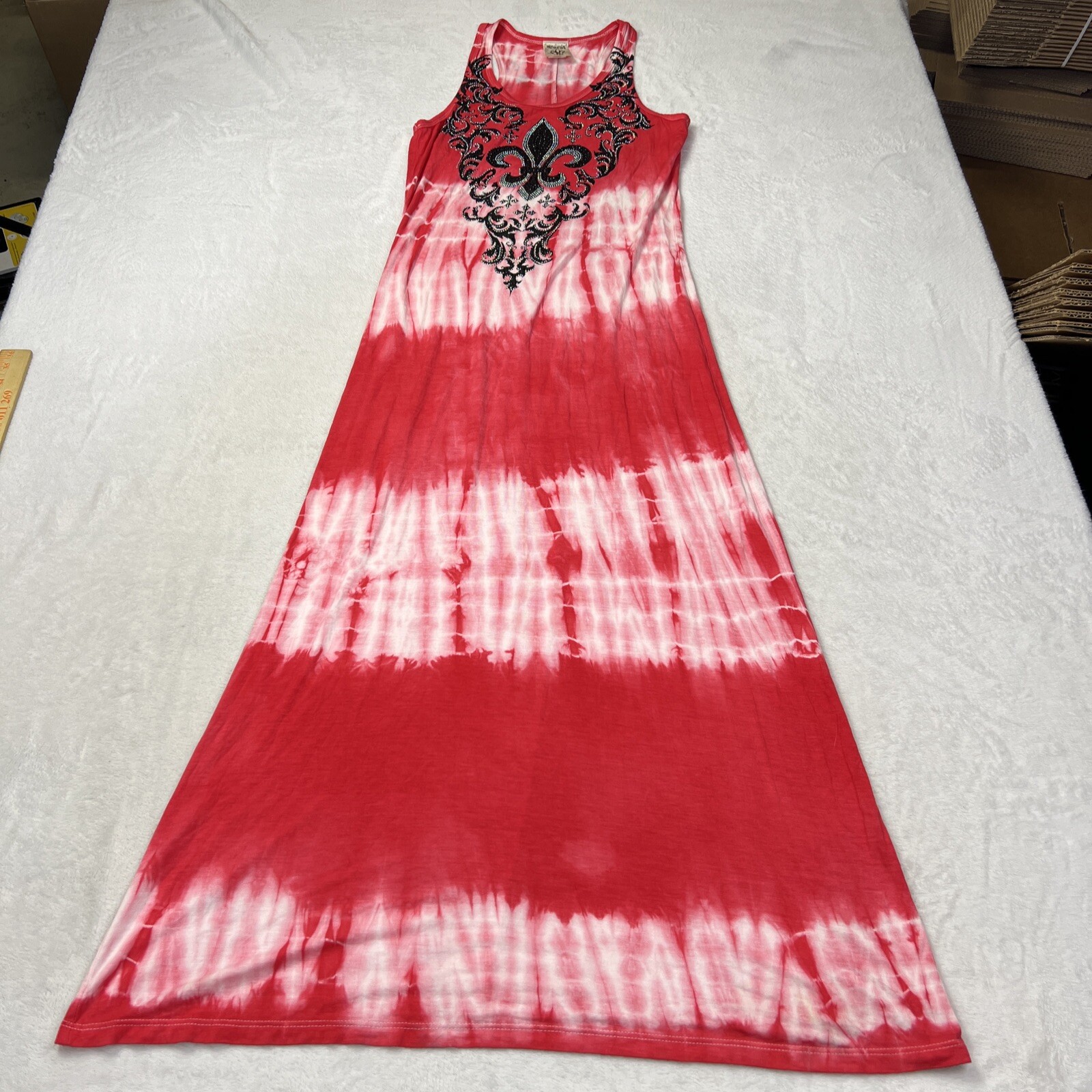 Vocal Women Dress Small Red Tie Dye Maxi Tank Fleur-de-lis Rhinestones