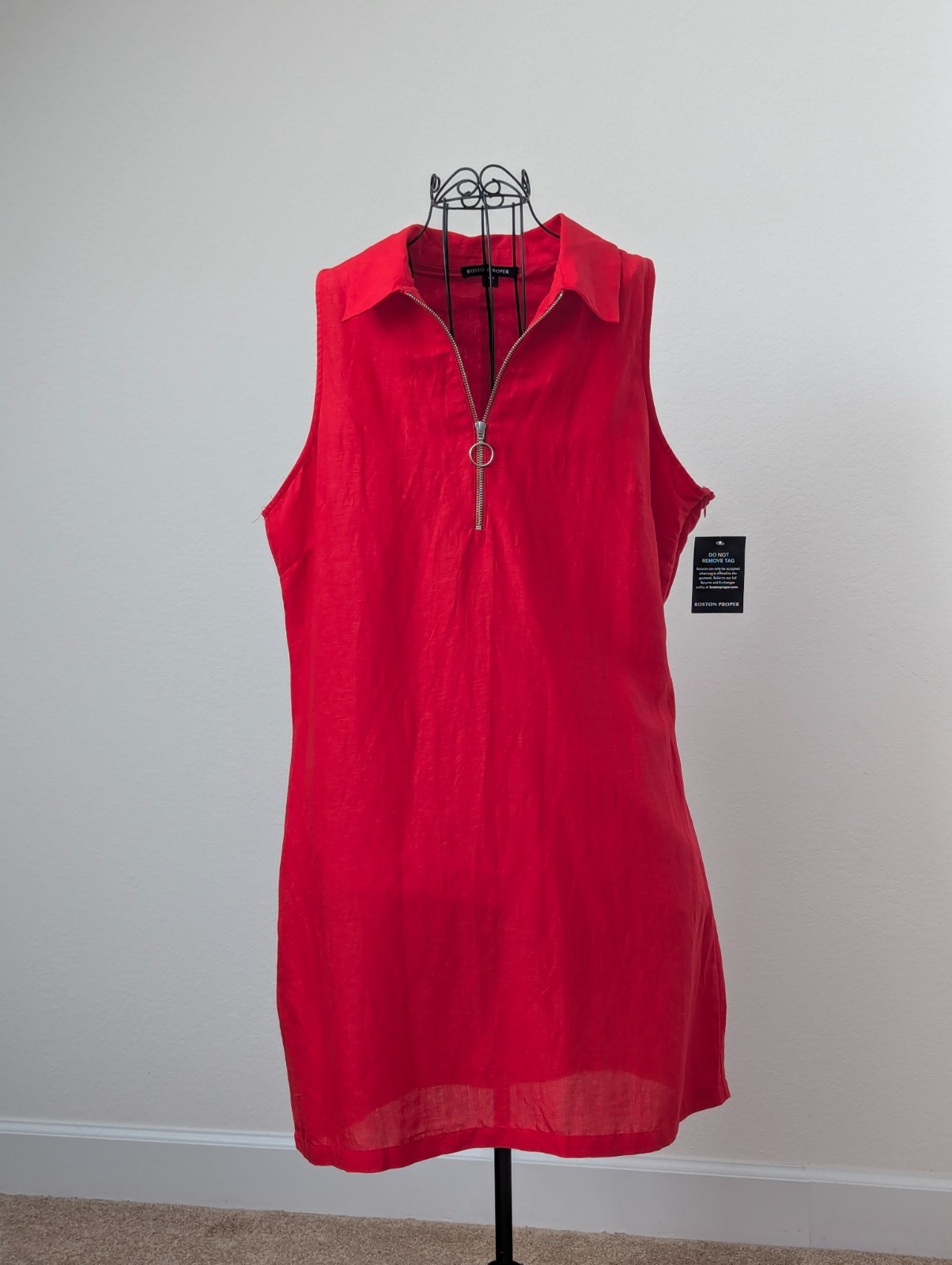 Boston Proper Red Linen Blend Shift Dress XL Sleeveless Zip Front Cotton Lined