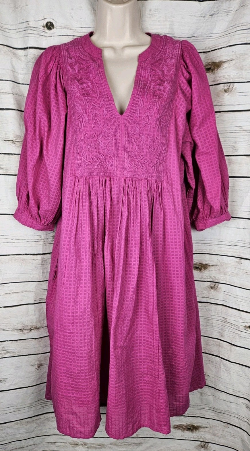 Sundance Pink Embroidered Peasant Dress M Cotton 3/4 Puff Sleeves Gingham