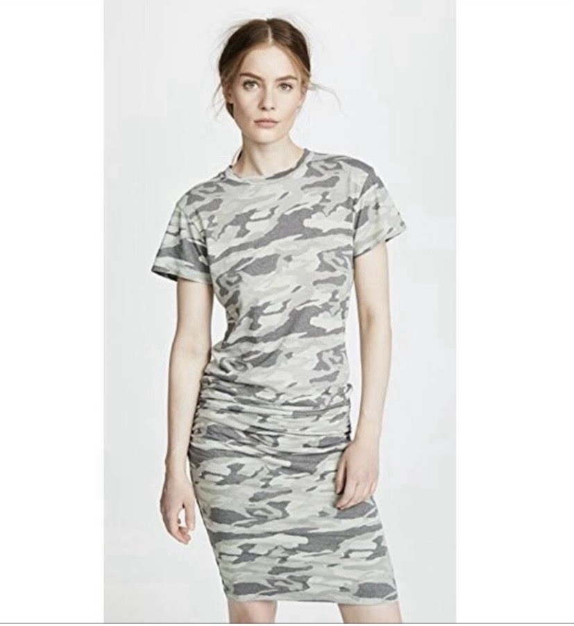 MONROW Gray & Olive Camo s/s knit Dress Sz Large EUC org msrp $168.00