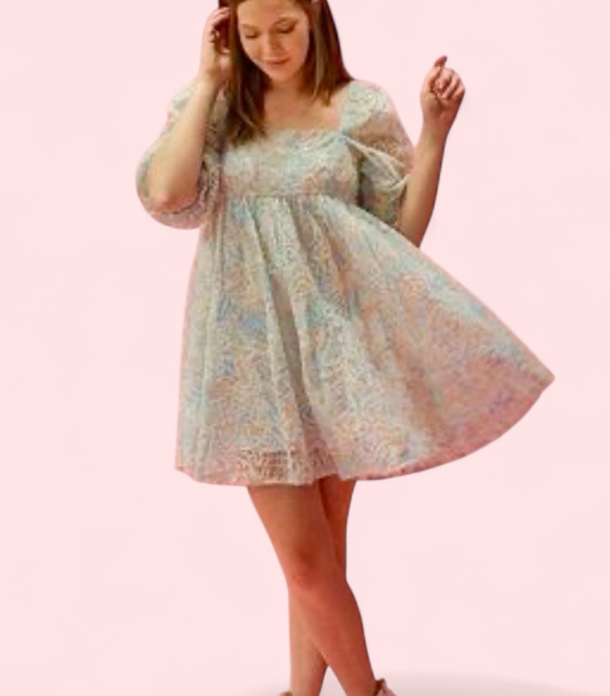 Storia Anthropologie Babydoll Mini Dress Puff Sleeves Blue Tan SMALL Cottagecore