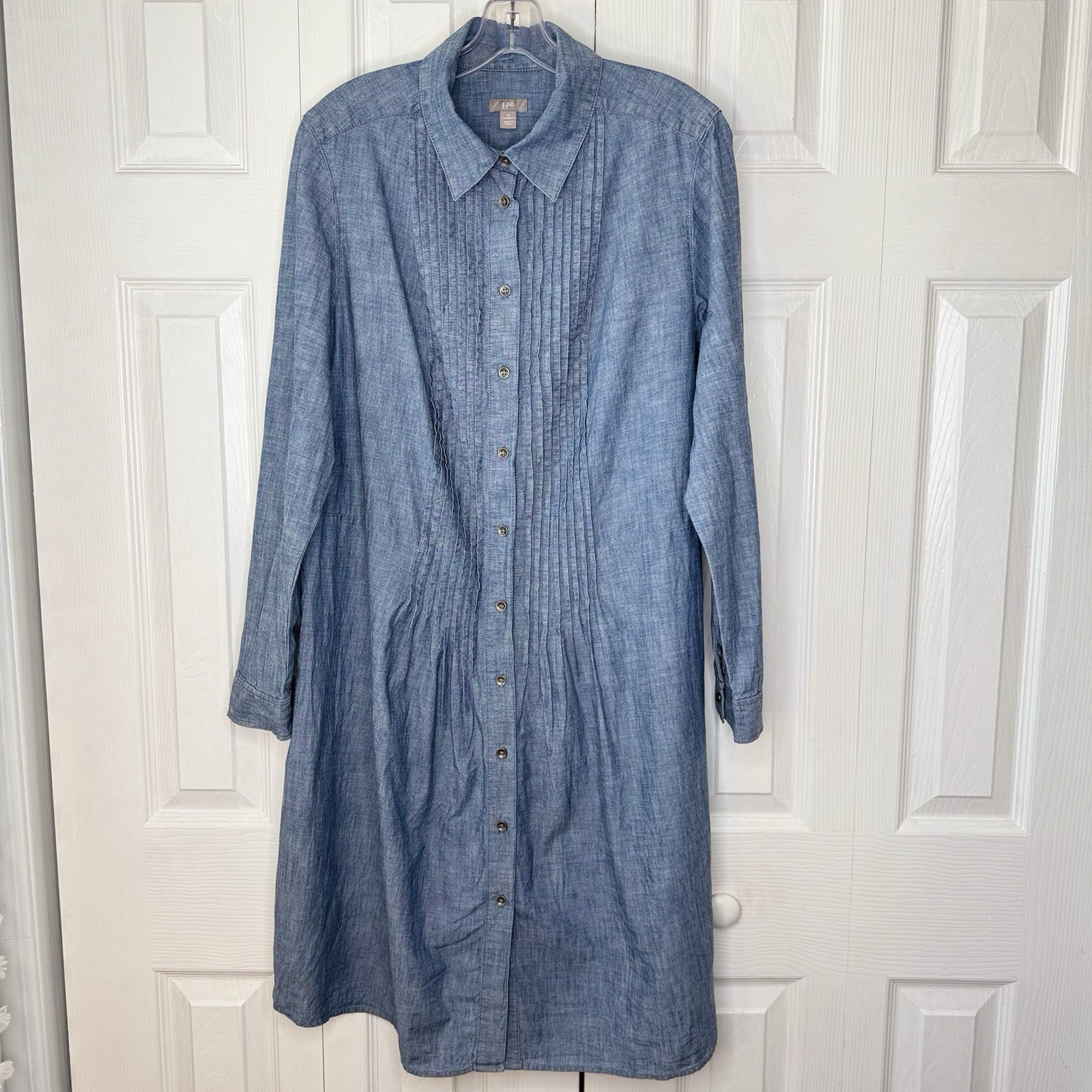 J Jill Denim Chambray Shirt Dress 1X Plus Blue 100% Cotton Pintuck Long Sleeve