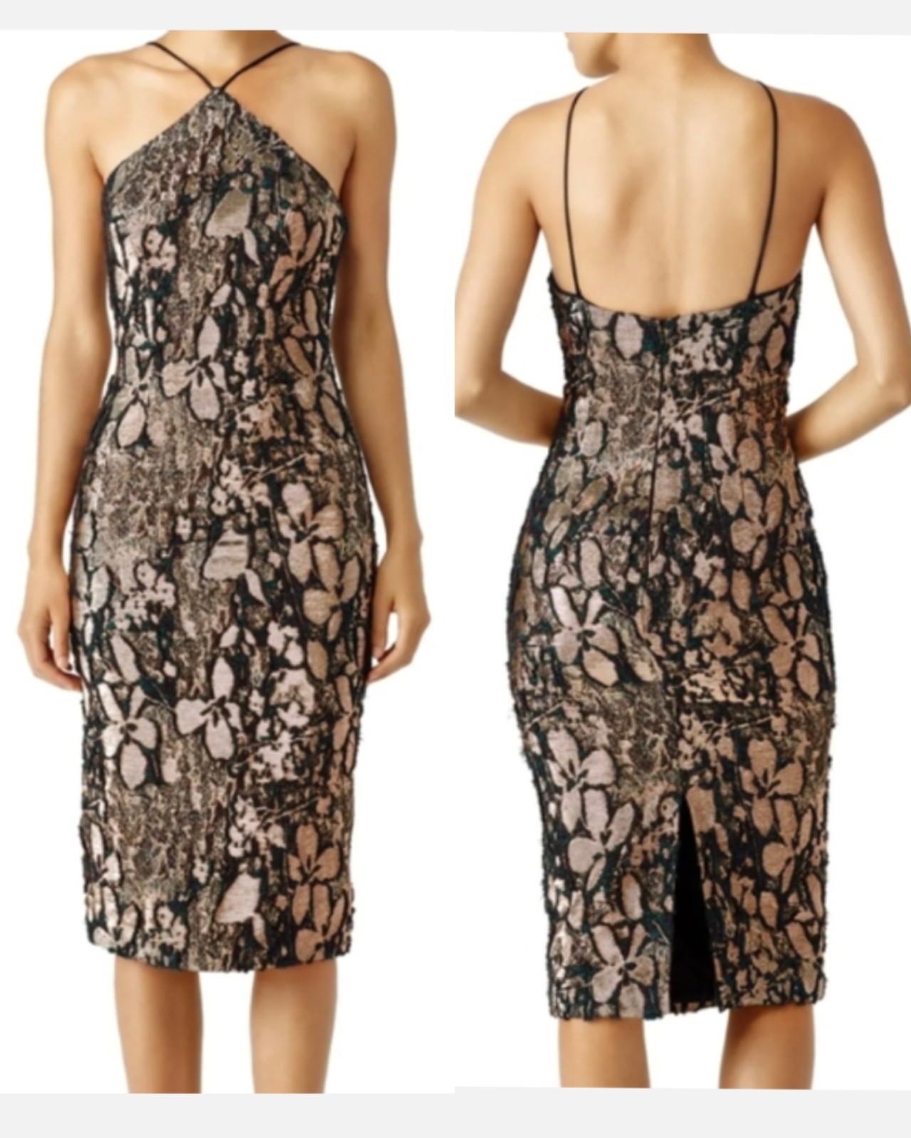 Theia Floral Jacquard Halter Neck Pencil Dress Green/pink Size 8