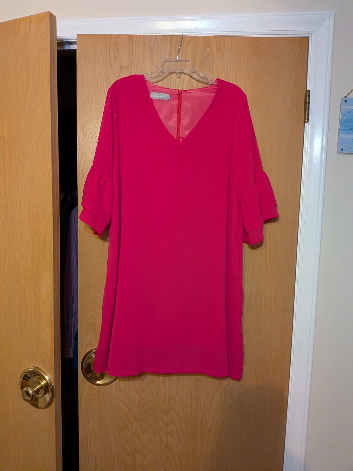 Belongsci XL Shift Dress Pink Solid V-Neck 3/4 Ruffle Sleeve Chiffon Zip Knee