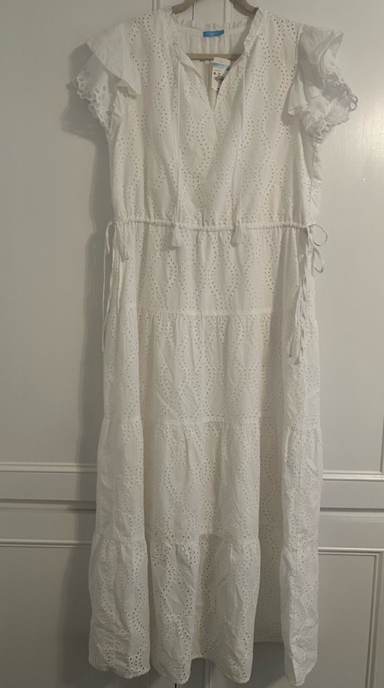 Size XL New J.McLaughlin Feminine Elena White Eyelet Maxi Dress Ruffle Sleeves