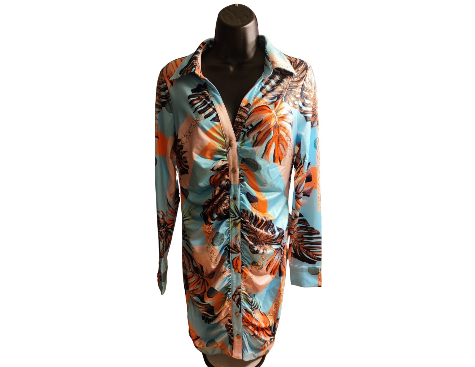 Miss Avenue Fields Of Blue Paradise Mini Button Down Long Sleeve Dress Size M