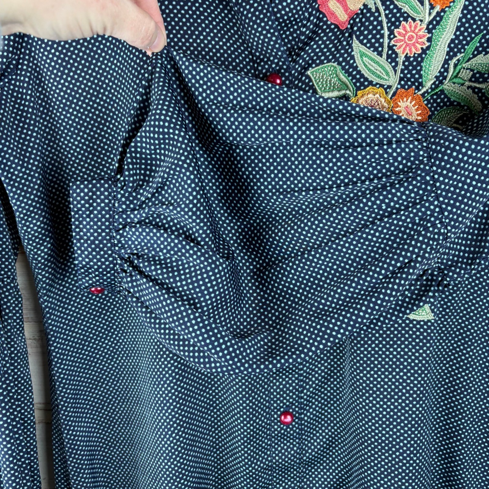 Artisan Embroidered Polka Dot Faux Shirt Dress Small Folk Art Cottagecore