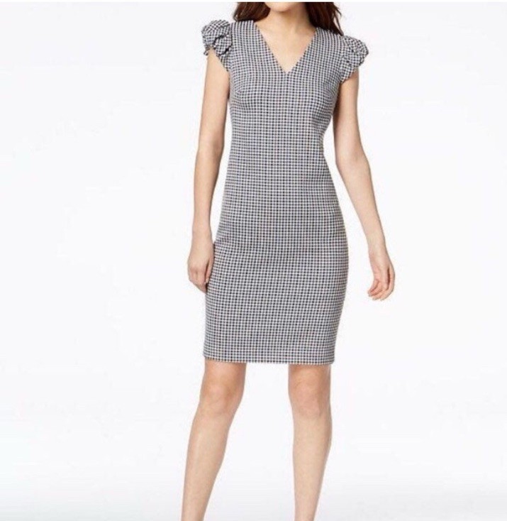 Calvin Klein NWT size 12 Gingham Puff Sleeve Sheath Dress Blue Black White