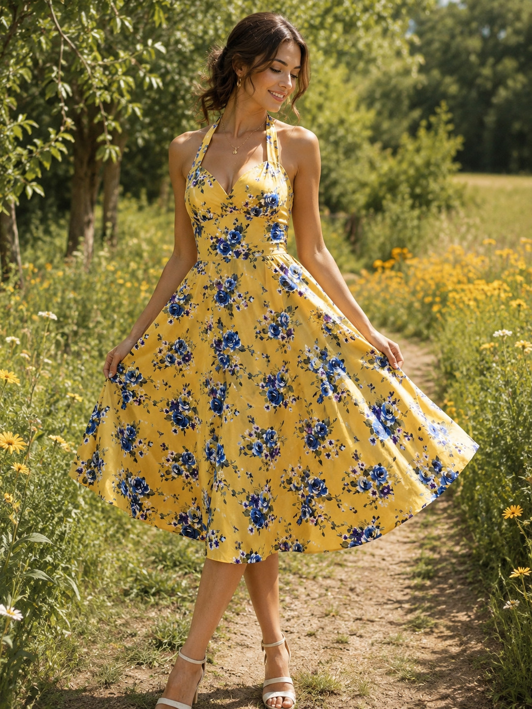 Sara U.S.A. Made in USA Yellow Floral Halter Midi Dress Cotton Blend S NWT