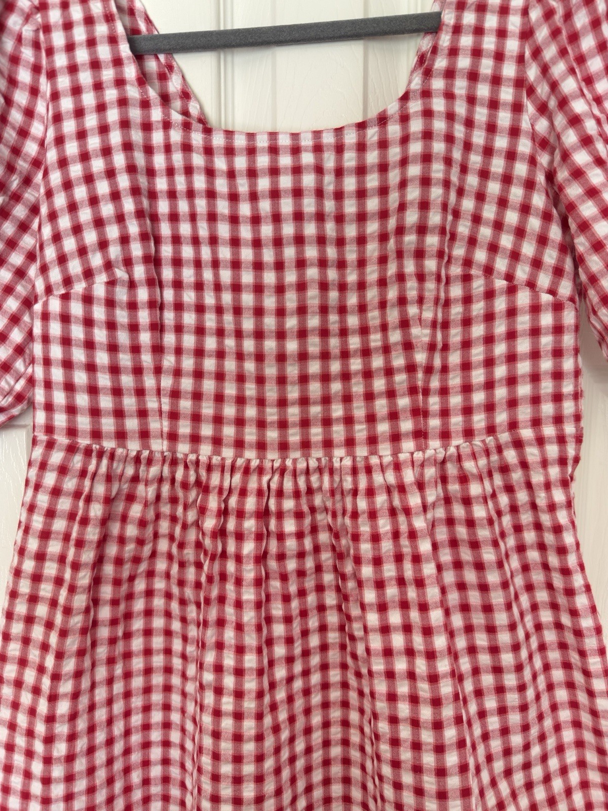 LOFT Red/White Gingham Square Neck Puff Sleeve Bow Back Mini Dress 4 Cotton
