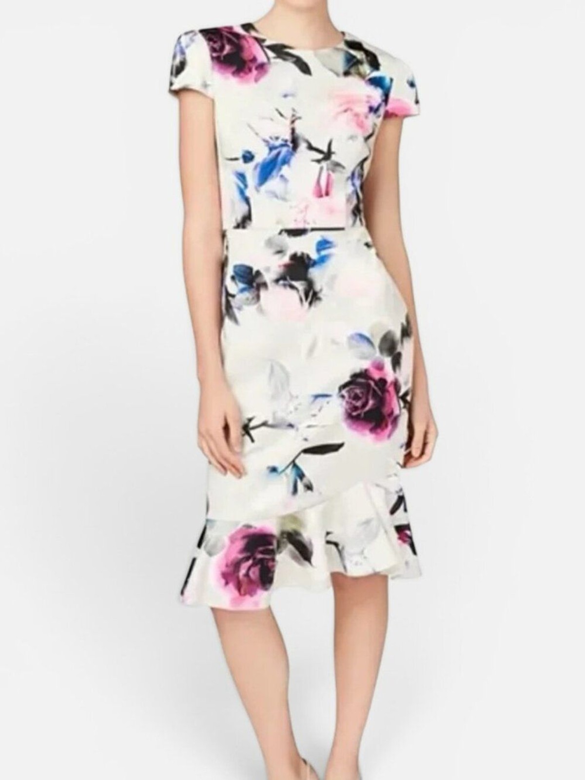 Betsey Johnson NWT Floral Scuba Sheath Dress Ruffle Hem White Pink Size 2
