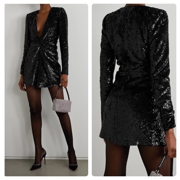 NWT GAUGE81 Midar Black Sequin Cocktail Mini Dress Plunge Twist Front Size M