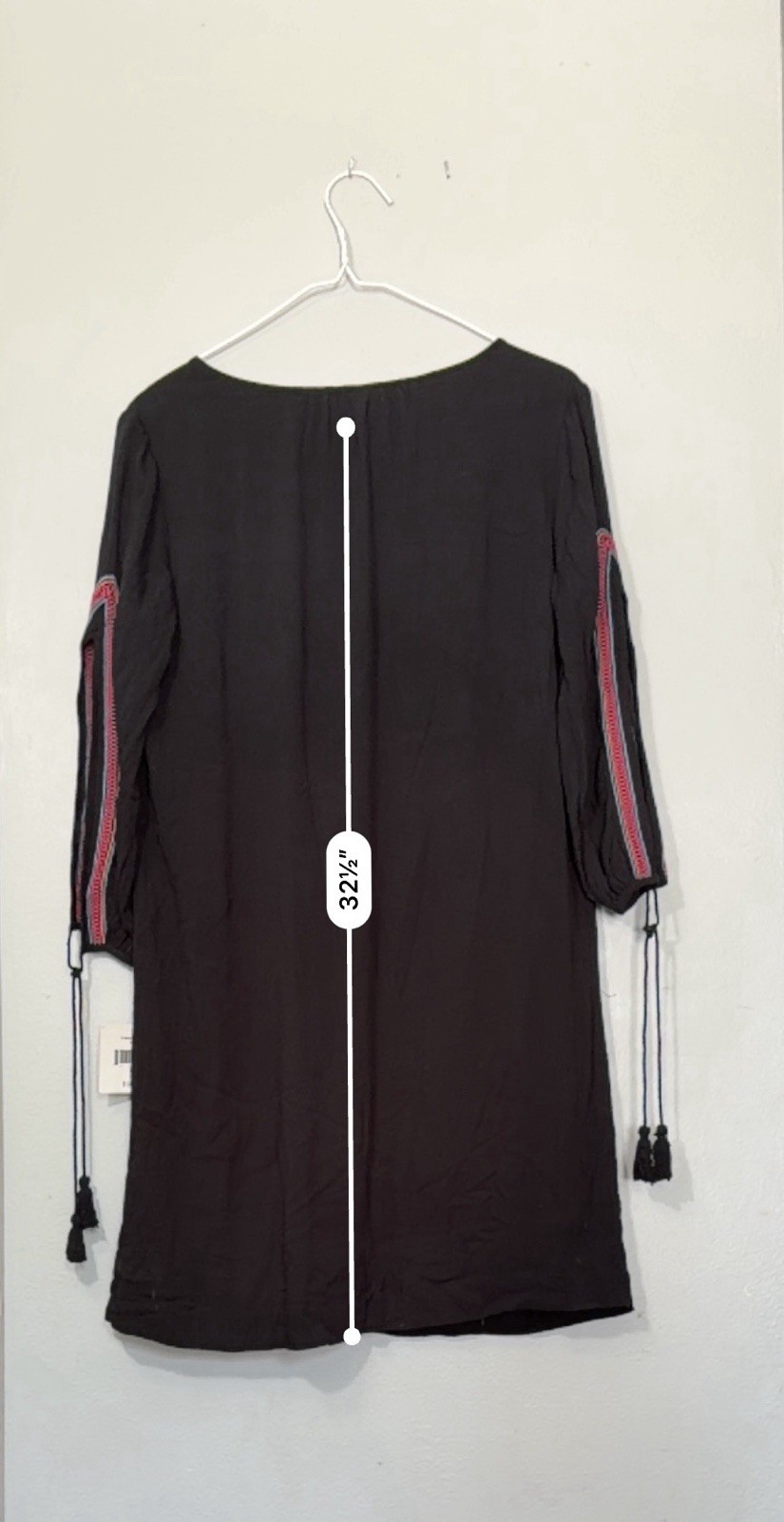 Falls Creek Black Geometric Boho V-Neck 3/4 Sleeve Embroidered Mini Dress S