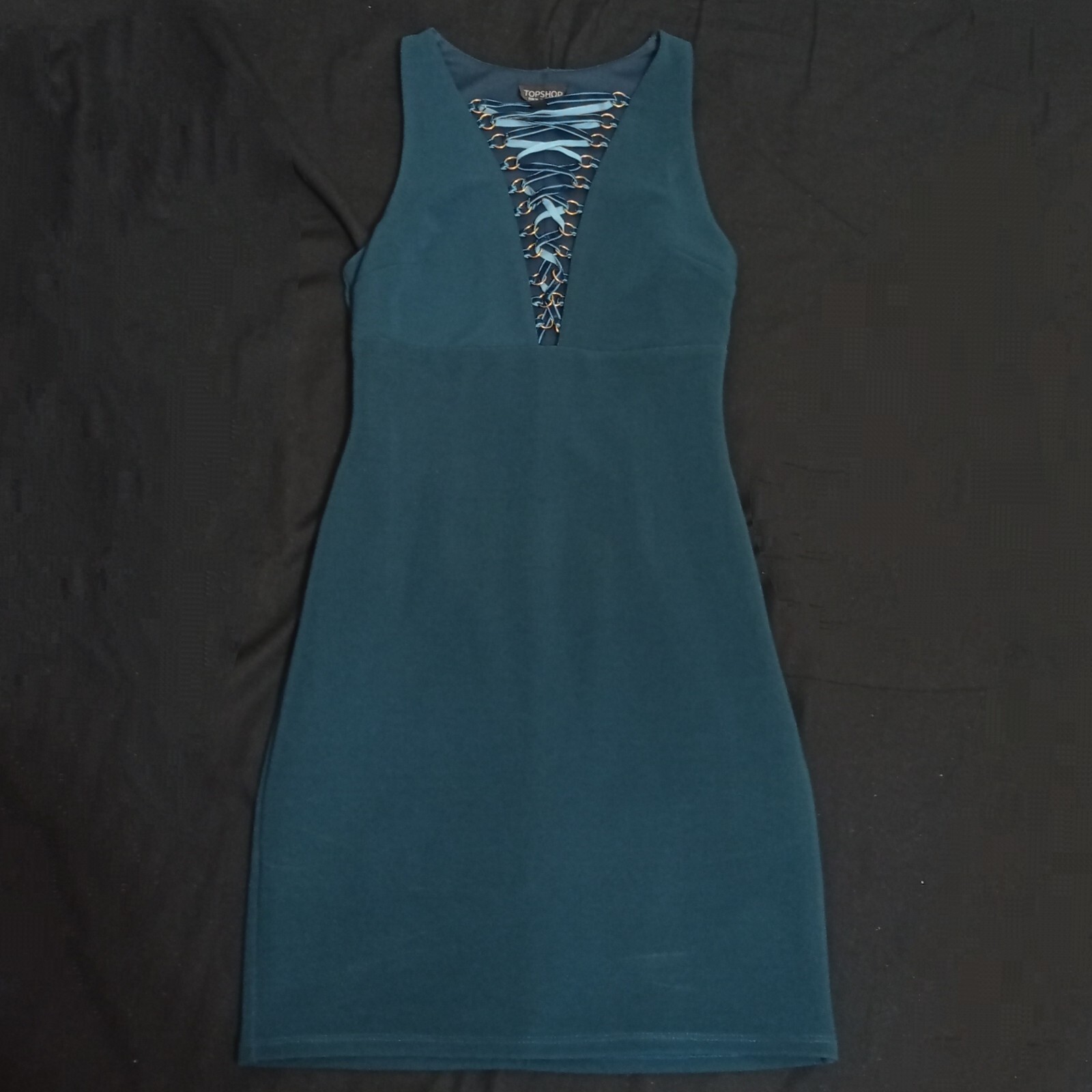 NWOT Topshop Teal Sleeveless Lace Up V-Neck Side Zip Sheath Dress Size 4