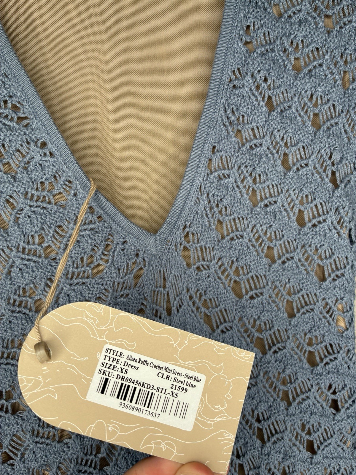 Meshki NWT Aileen Ruffle Crochet Mini Dress in Steel Blue Size XS Longsleeve