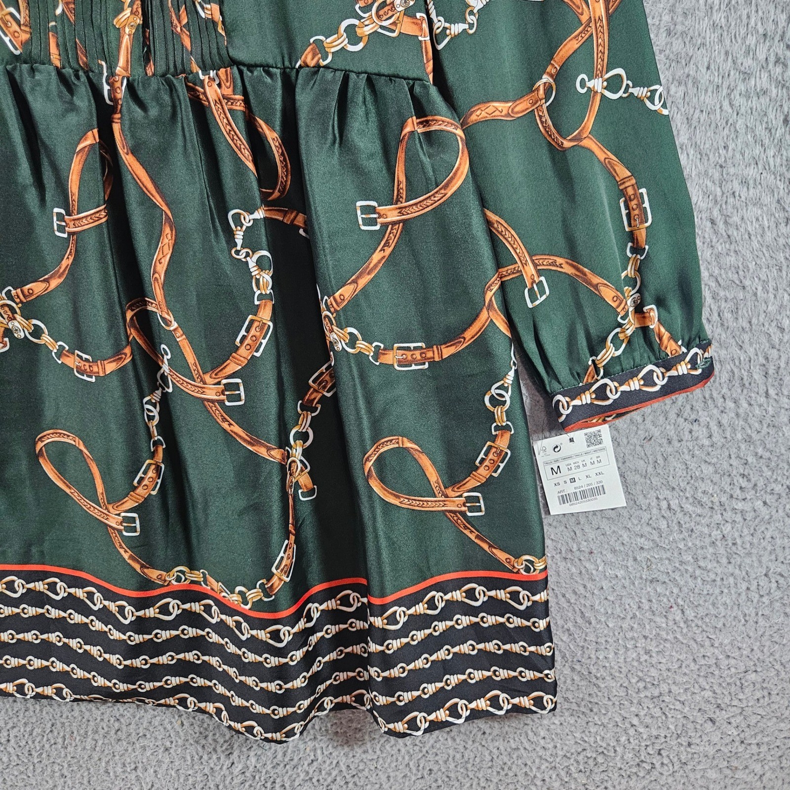 Zara Basic Green Equestrian Chain Belt Print Pleated Mini Dress Womens Sz M NEW