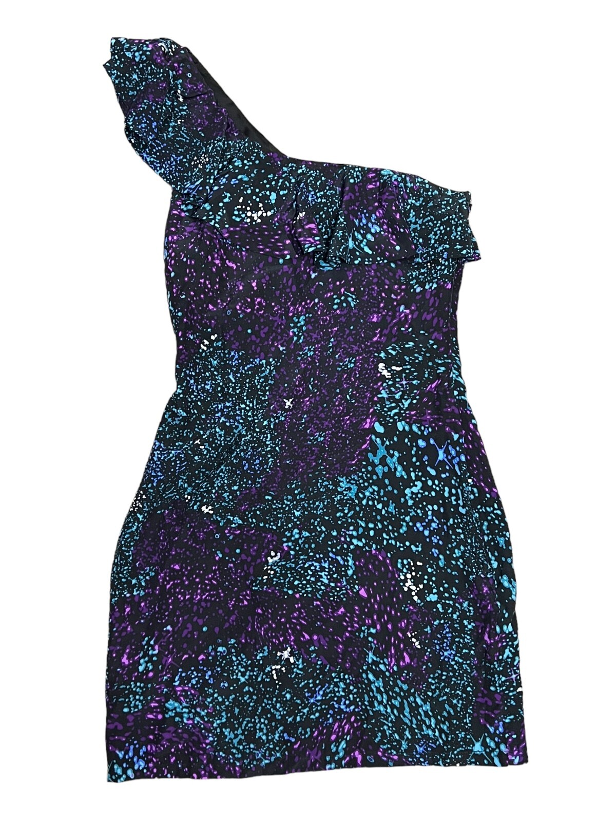 Charlie Jade Women’s Size XS One Shoulder Dress Silk Ruffle Black Purple Teal