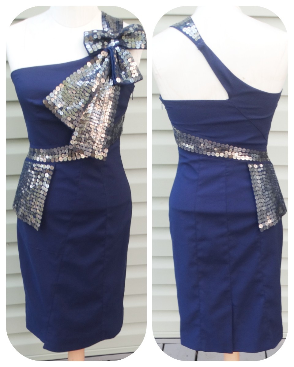 Karen Millen England One Shoulder Sequin Bow Cocktail Silk Dress UK8/US 4 Pencil