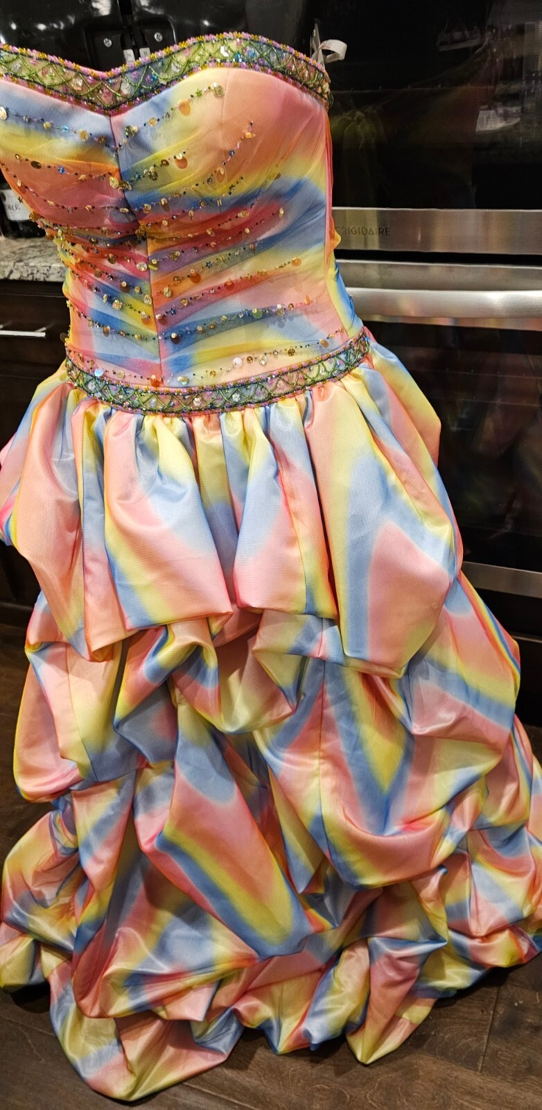 Xcite Pink Yellow Blue Beaded Sequin Pleated Multicolor Rainbow Ballgown 8