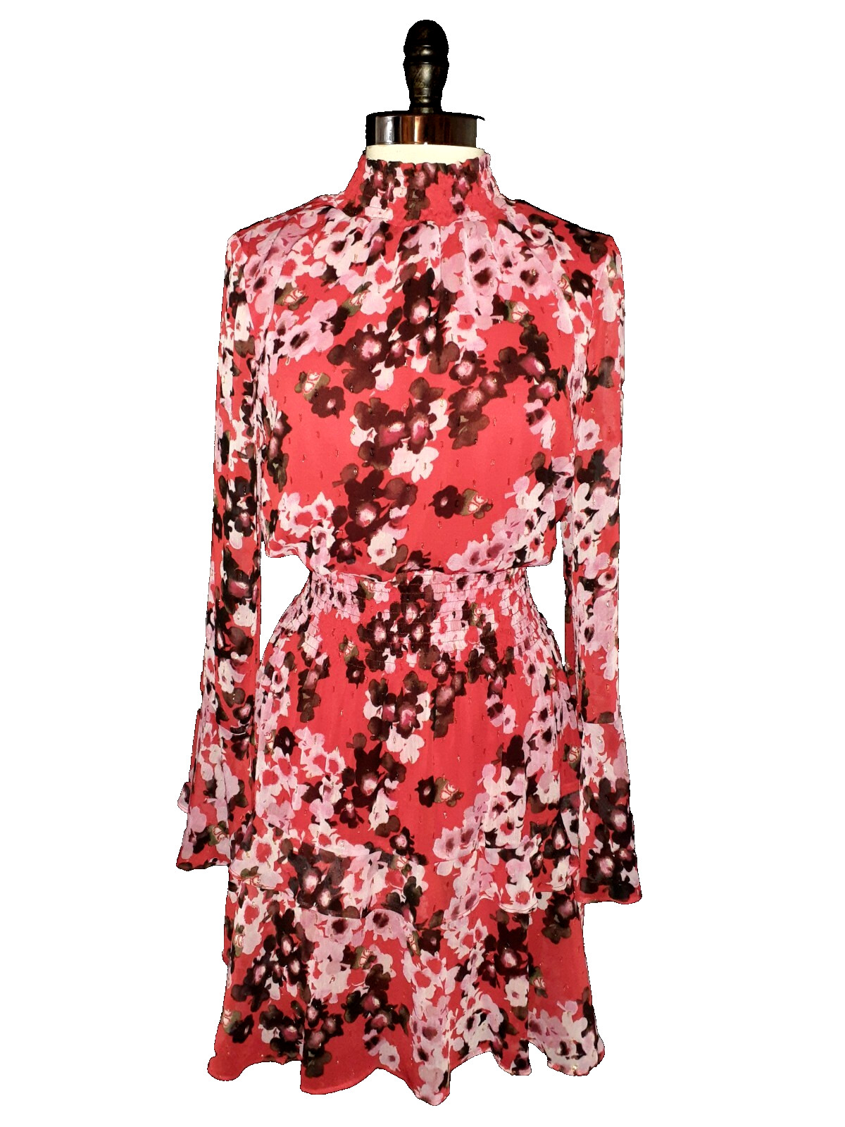 NEW TAYLOR Size 14 A-Line Dress Pink Red Black Floral Long Sleeve Sparkles
