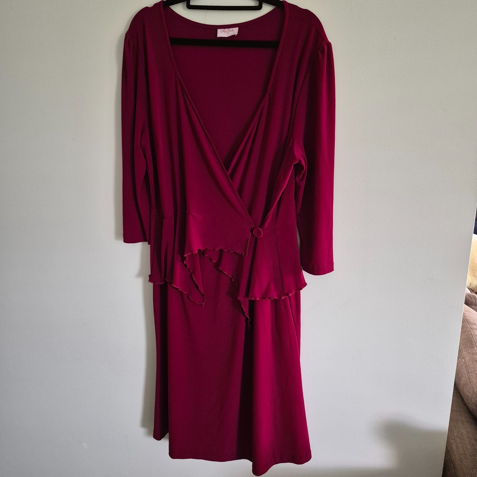 Leona Edmiston Ruby Red Wrap Dress Size 5 AU 14 Stretch 3/4 Sleeve Mid