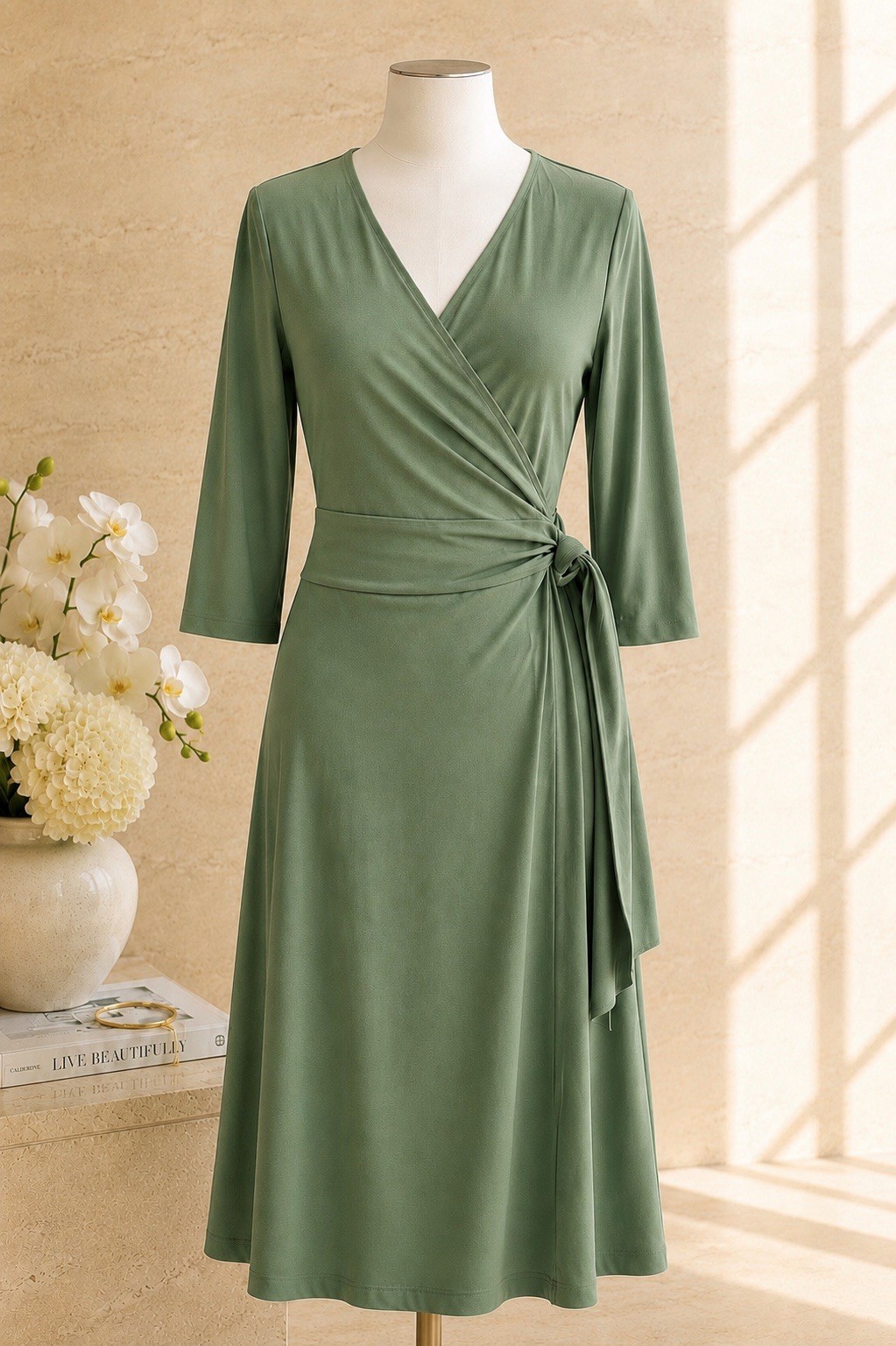 Jones New York True Wrap Dress Size 12 Green Stretch Midi 3/4 Sleeve