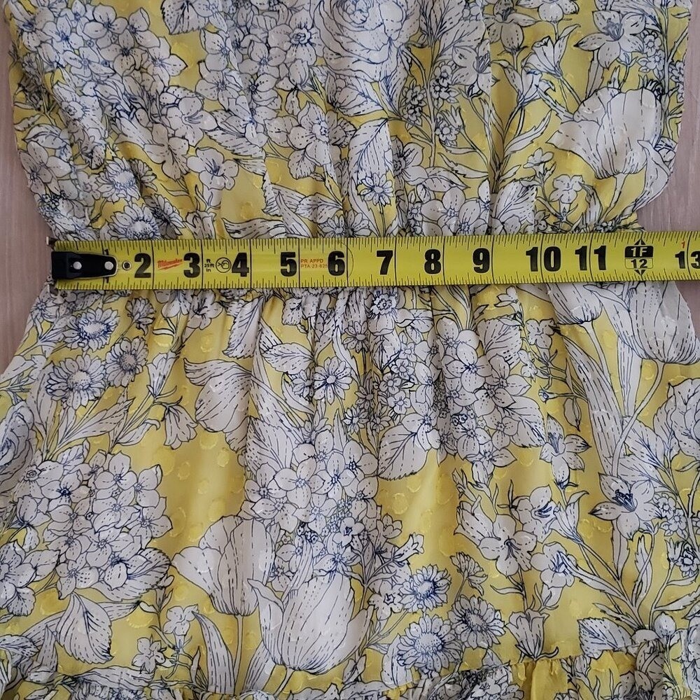 Monteau Rayon Dress Womens Small Yellow Floral Midi Tiered Ruffle Mock Neck