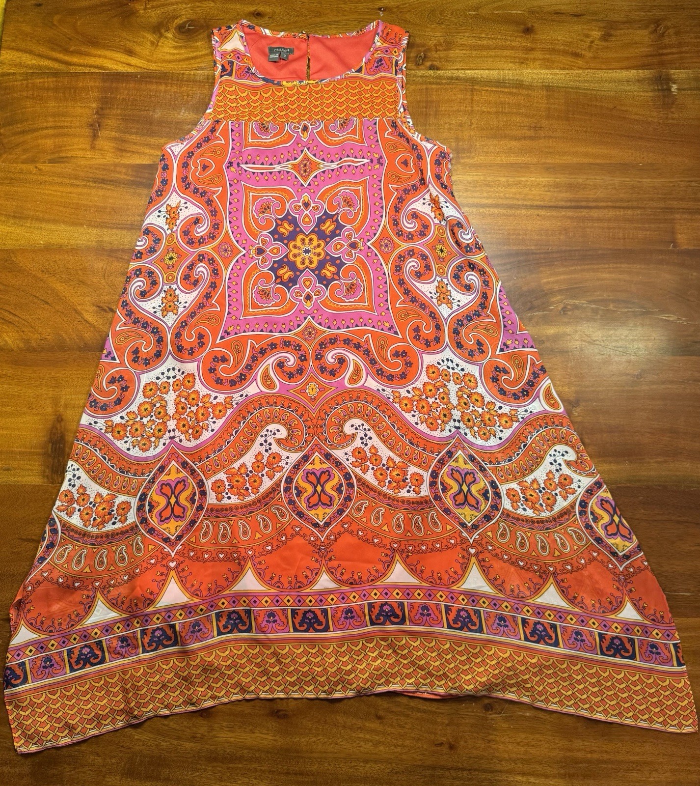 Muse Womens Orange Pink Colorful Paisley Sleeveless Flowy Split Hem Dress Sz 2