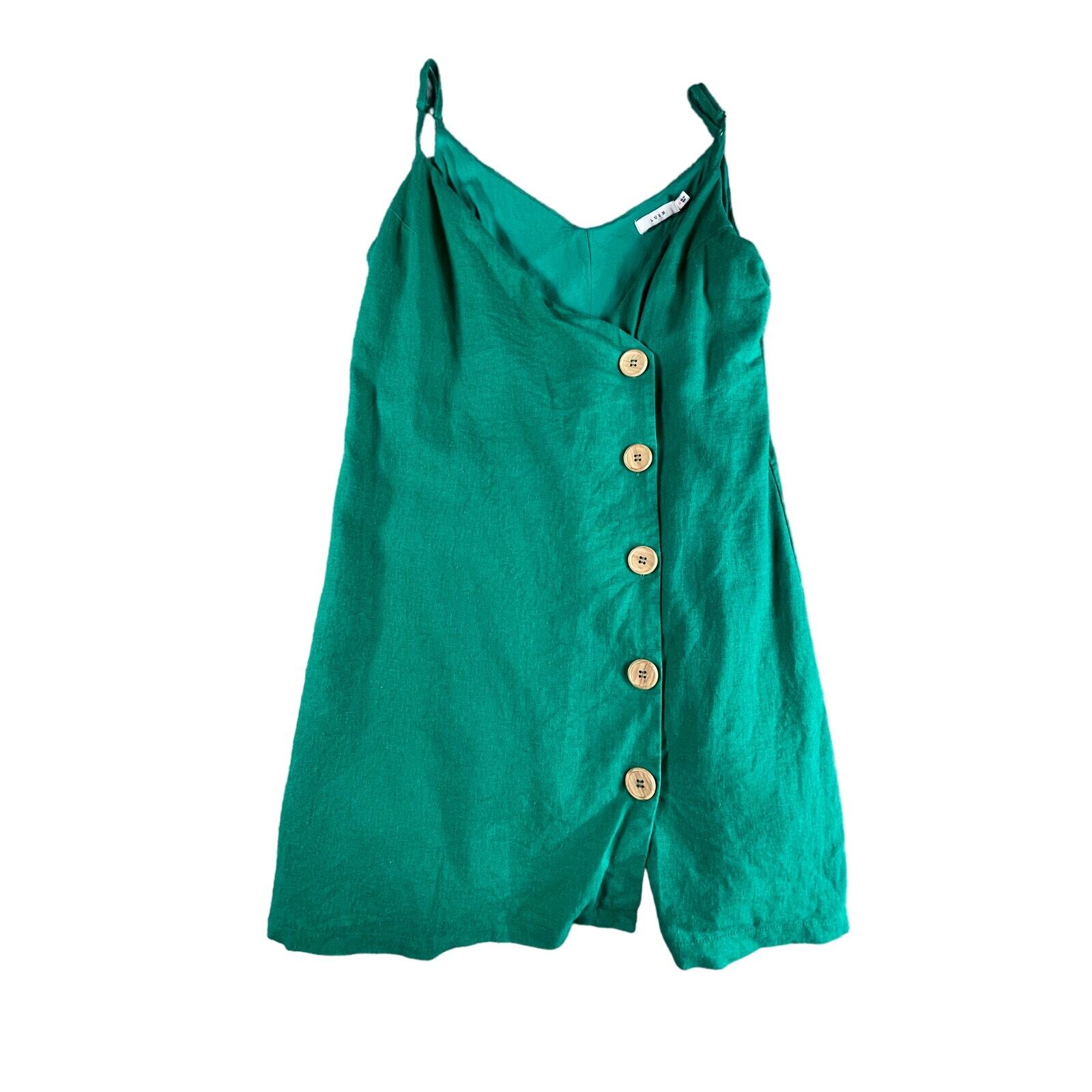 Lush Dress Women Medium Green Spaghetti Strap Mini Linen Button Front Wrap Lined