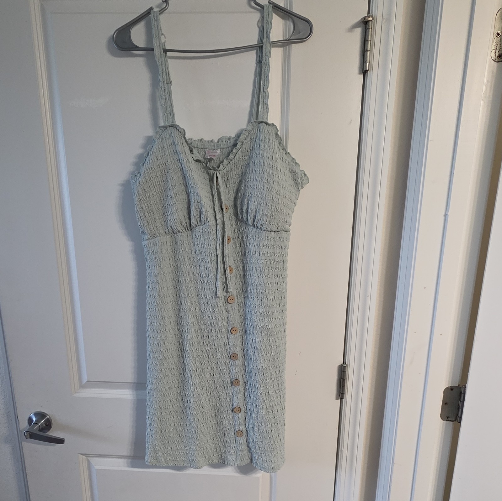 No Boundaries Blue Solid Knit Mini Dress V-Neck Smocked Button Front XXL (19)