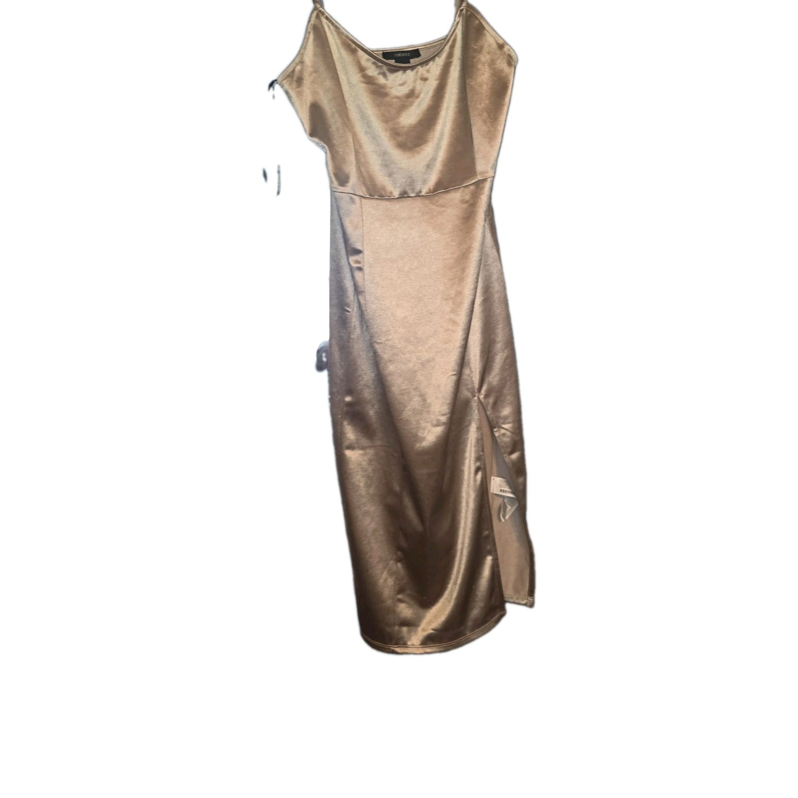 Forever 21 Gold Satin Cowl Neck Slip Dress L Midi Side Slit Stretch