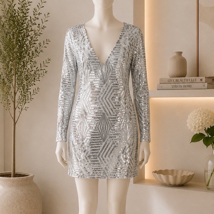 Glam Mini Dress 18 Womens Silver White Sequin Special Occasion Party City Chic