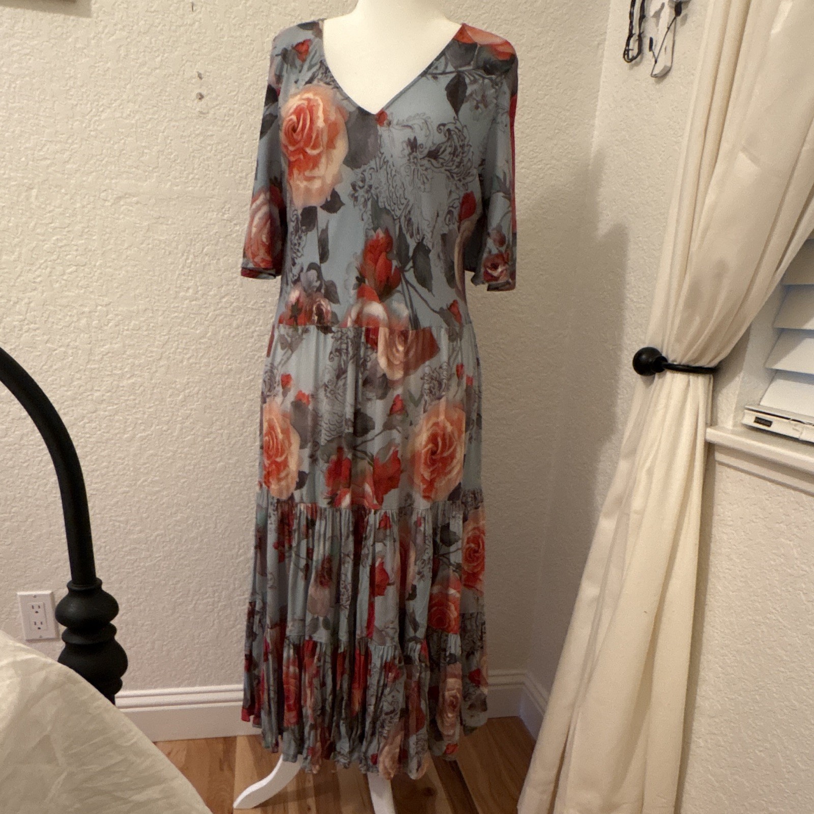 Soft Surroundings Floral V-neck Midi Dress tiered and pleated.
