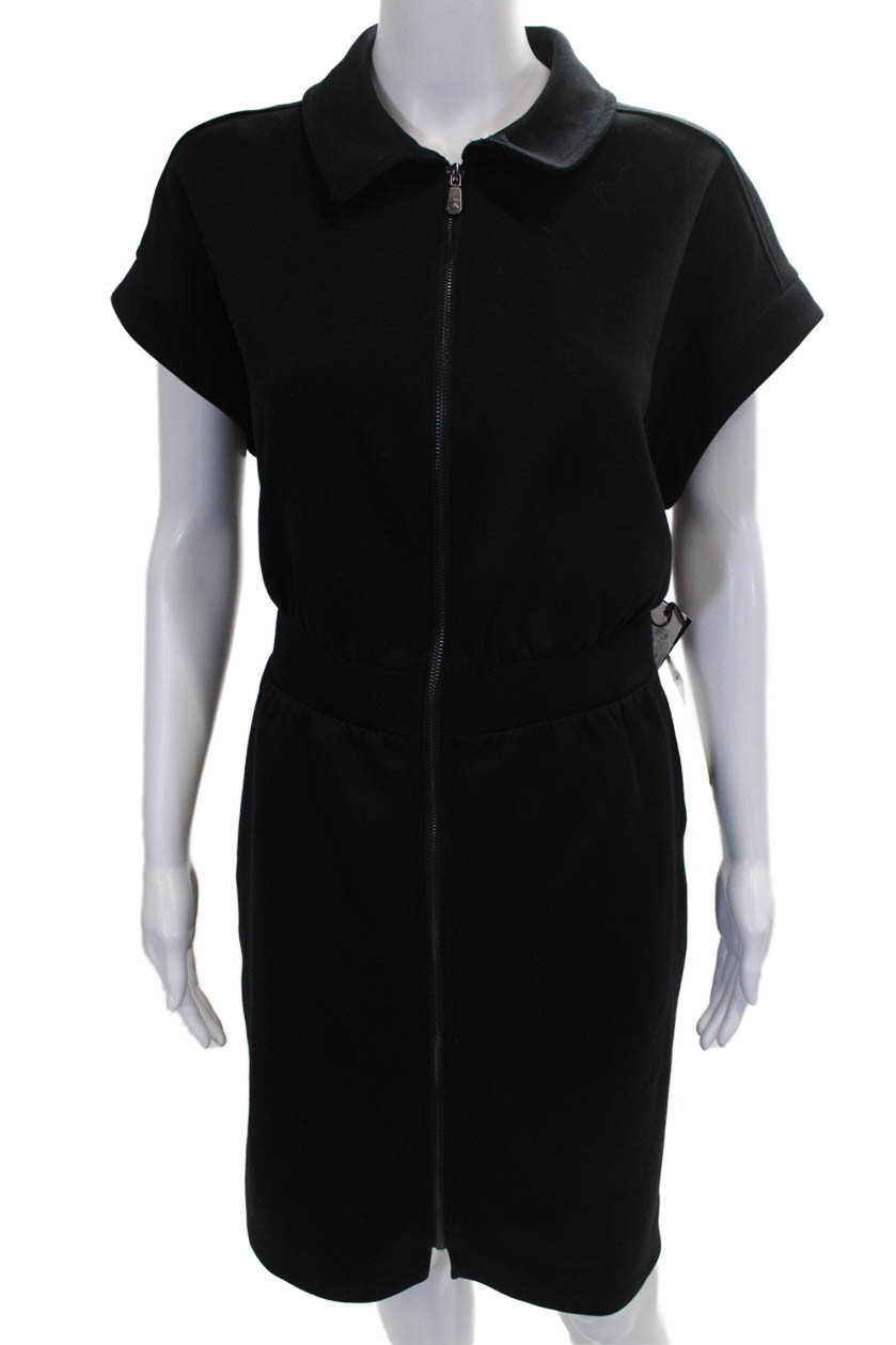 Kyodan Womens Shirt Dress Black Collared Short Sleeve Zip Polyester Size L