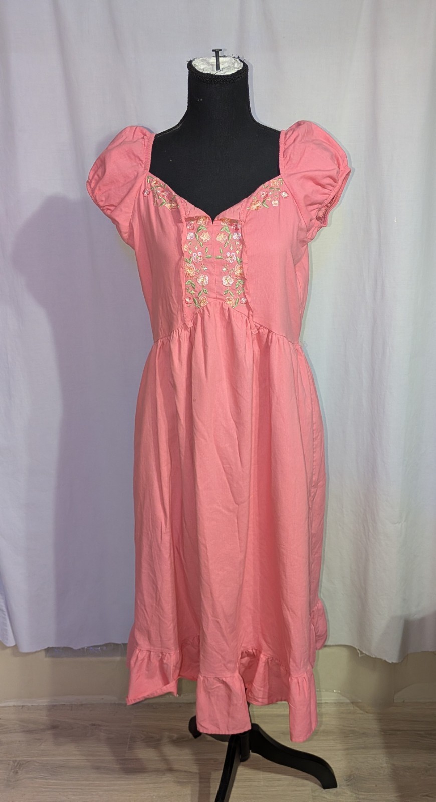 Blueberi Boulevard Pink Embroidered Boho Fairy Cottagecore Puff Sleeve Dress 11