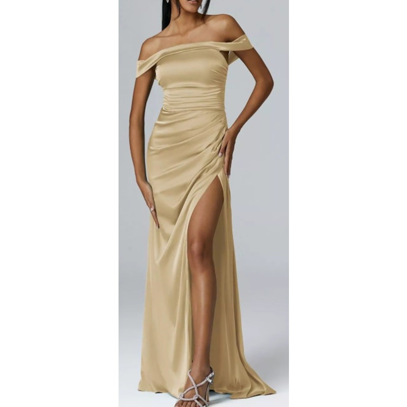 AW BRIDAL 2 XS light gold satin charmeuse Rosamund formal maxi dress NEW B36