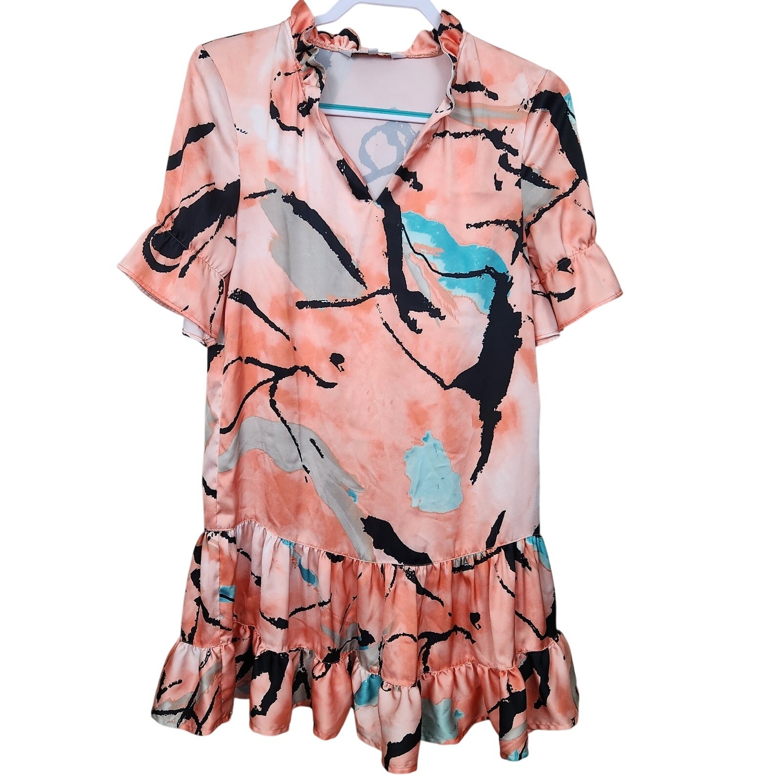 Ming Wang Abstract Print Watercolor Brushstroke Mock Neck Ruffle Dress SZ XS