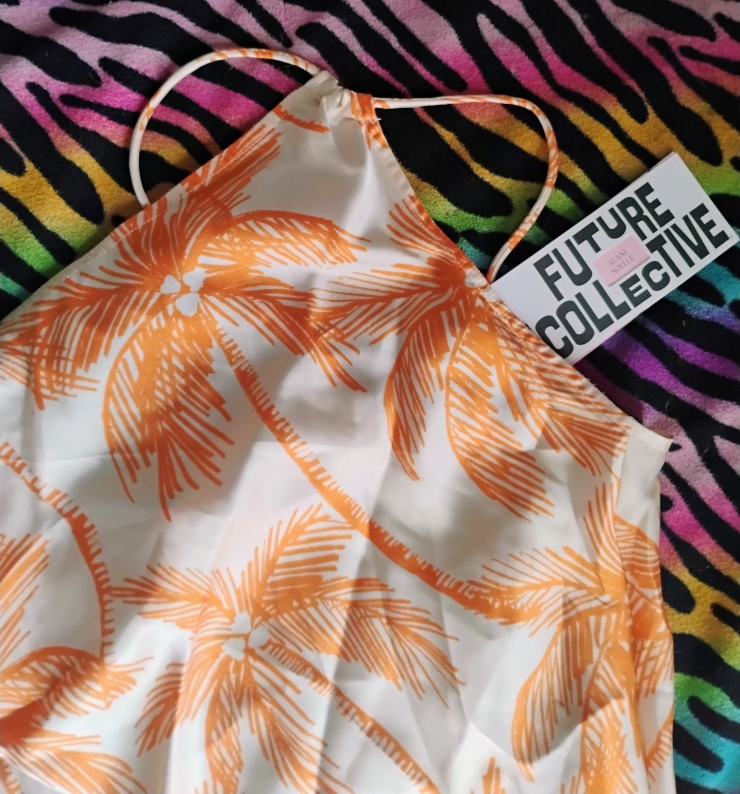 Future Collective White/Orange Palm Tree Halter Slip Midi Dress Womens L