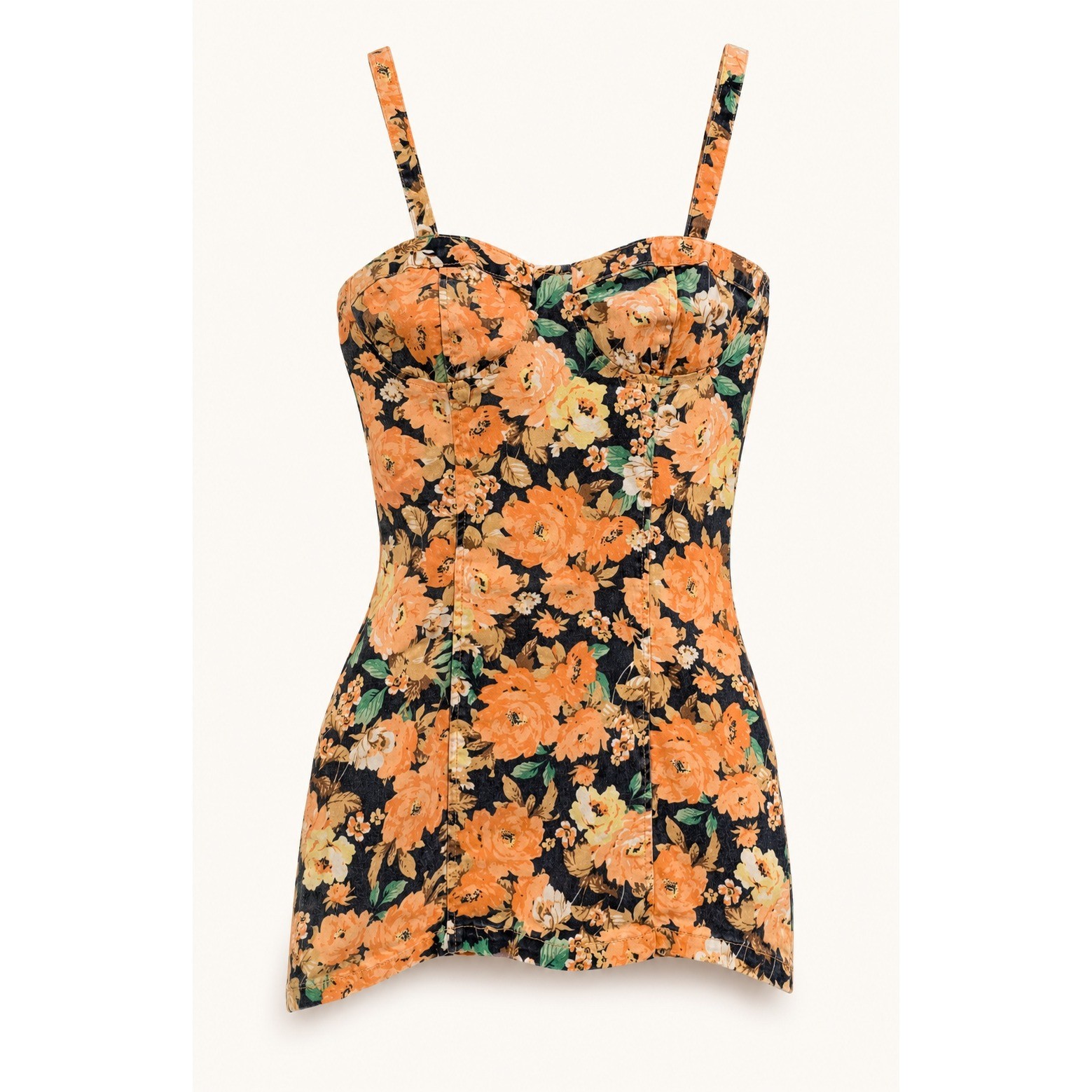 MINKPINK Floral Bustier Mini Dress Small Orange Black Denim Bodycon Sweetheart