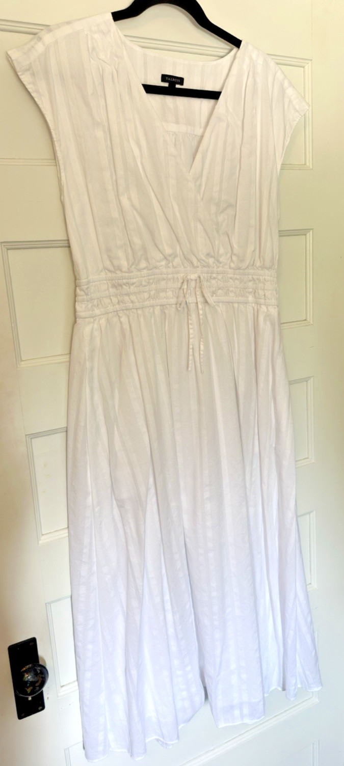 Talbots Dress Women 12 White Cotton Tencel Lyocell Maxi Pleated V Neck Lined