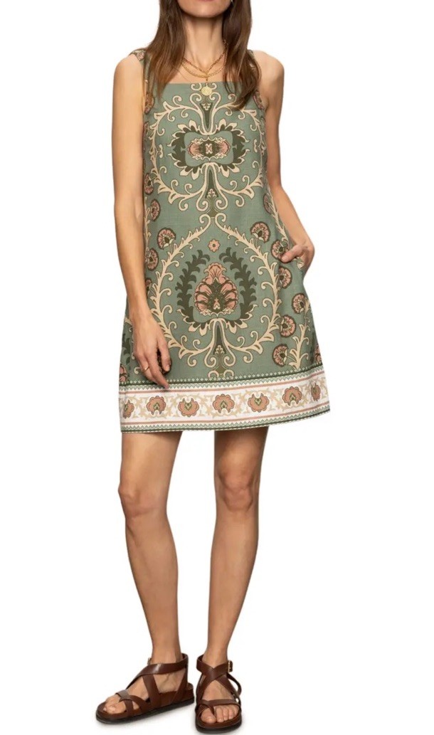 Sanctuary XS Sage Green Tapestry Pattern Sleeveless Linen Blend Shift Dress NWT