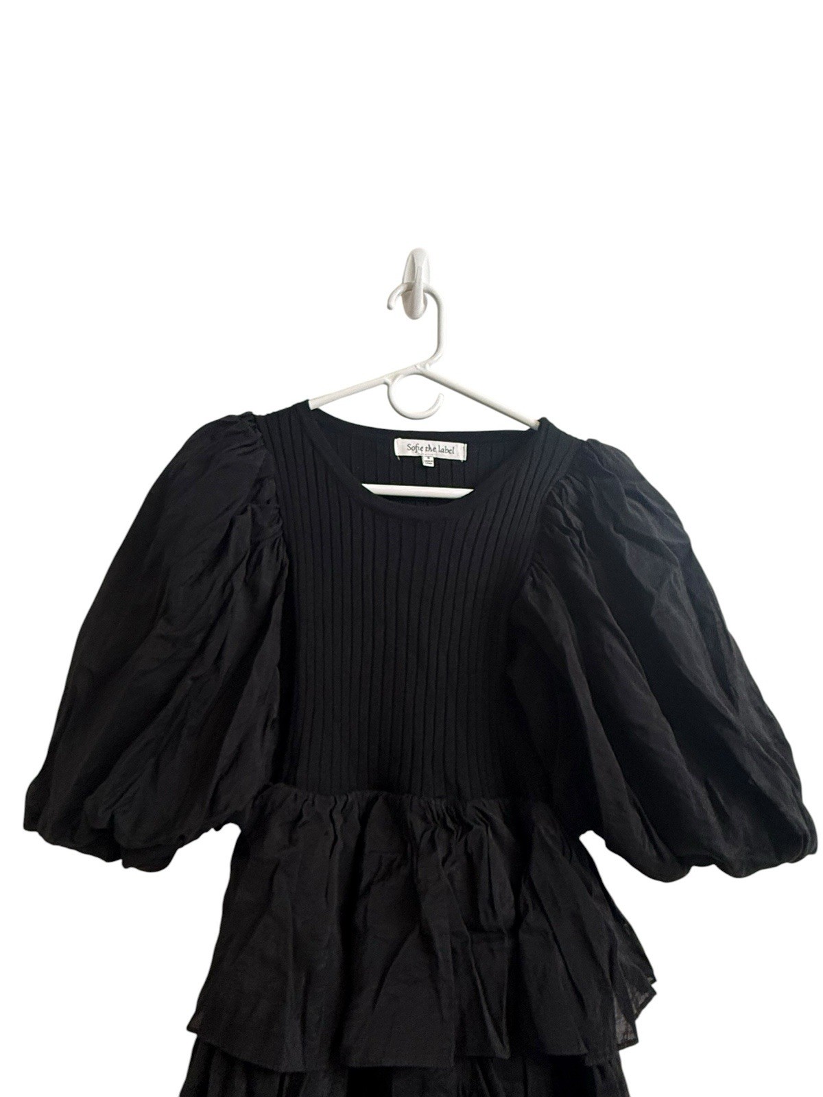 Sofie the Label Black Puff Sleeve Tiered Mini Dress Ribbed Cotton Size Small